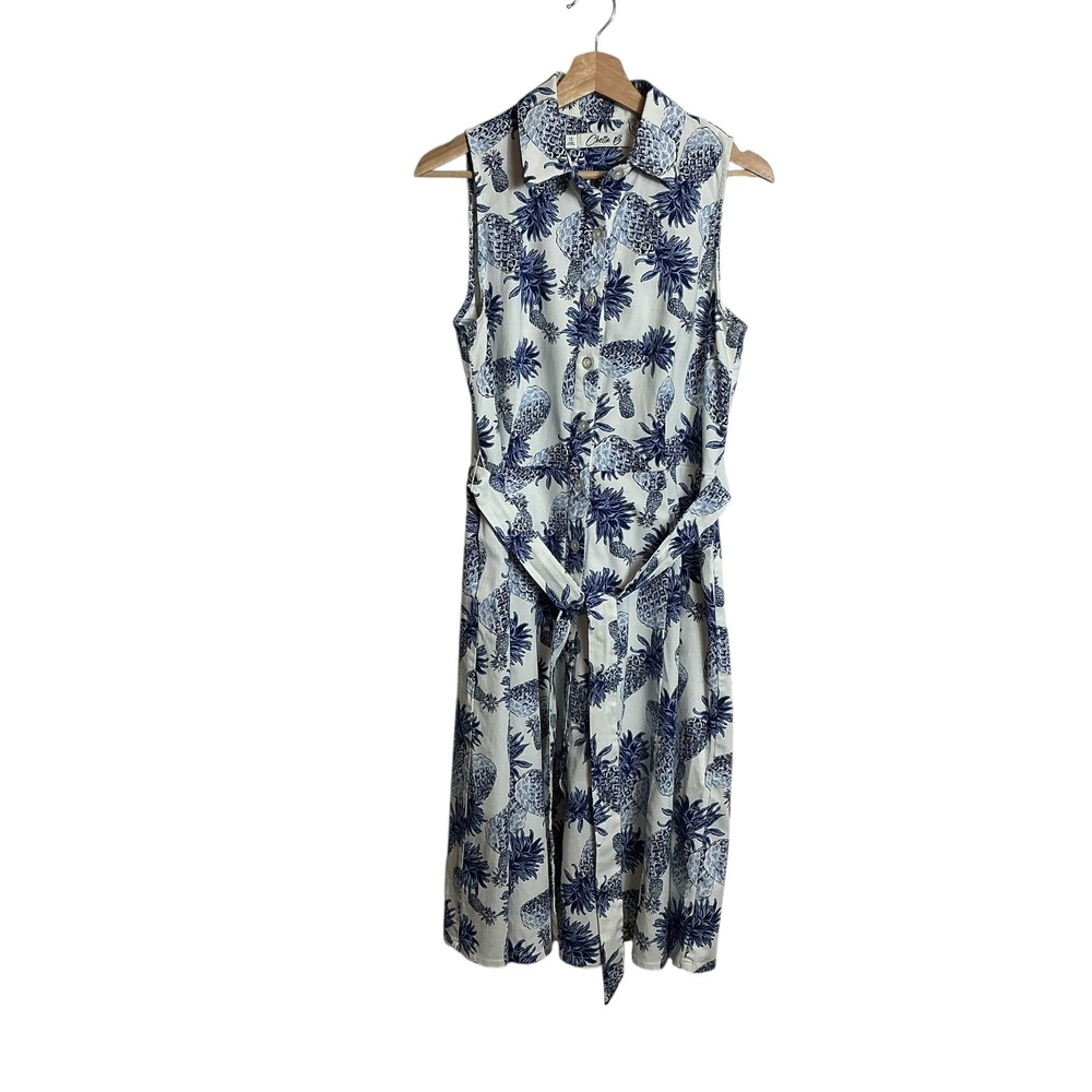 Chetta B Dress Size 12 Sleeveless Pineapple Novelty Print Belted Shirt Dress